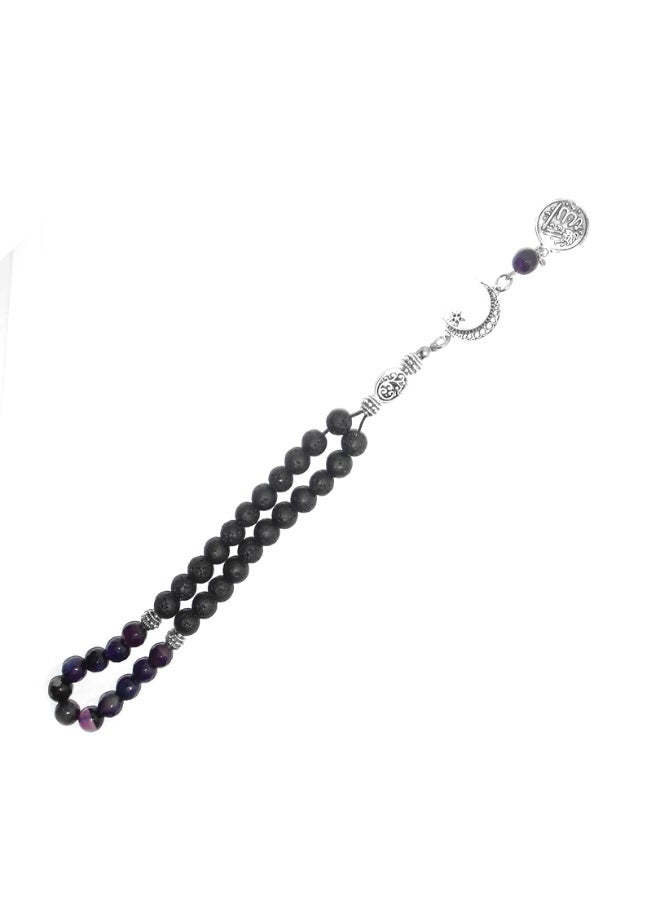 Handmade Lava Stone (22 Black) & Dark Purple Agate (11) Rosary – 33 Beads  – 8mm Natural Stones with Gift Jute Pouch - Image 3